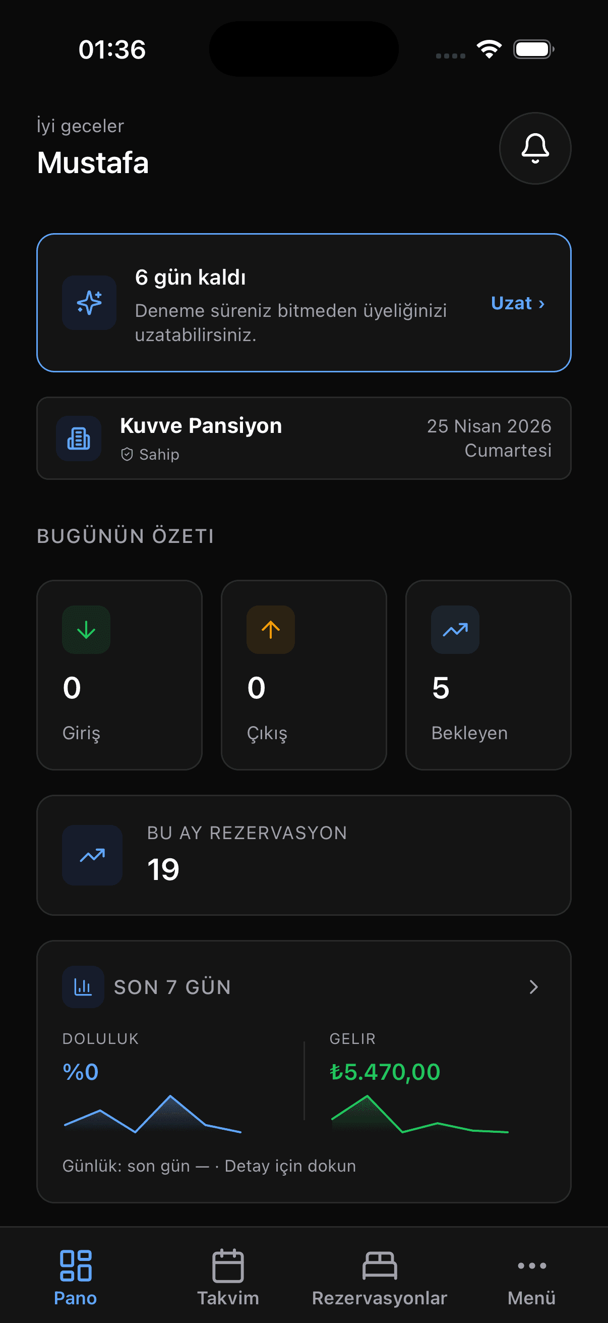 Kuvve.app mobil uygulama Pano ekranı