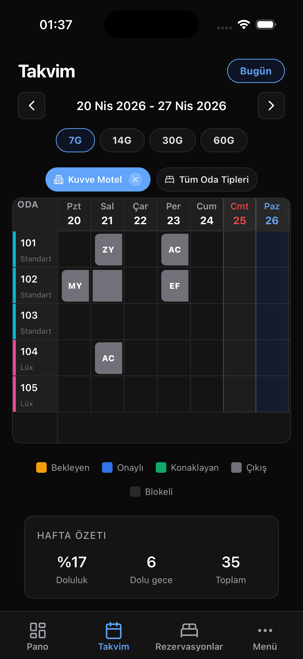 Kuvve.app mobil uygulama Takvim ekranı