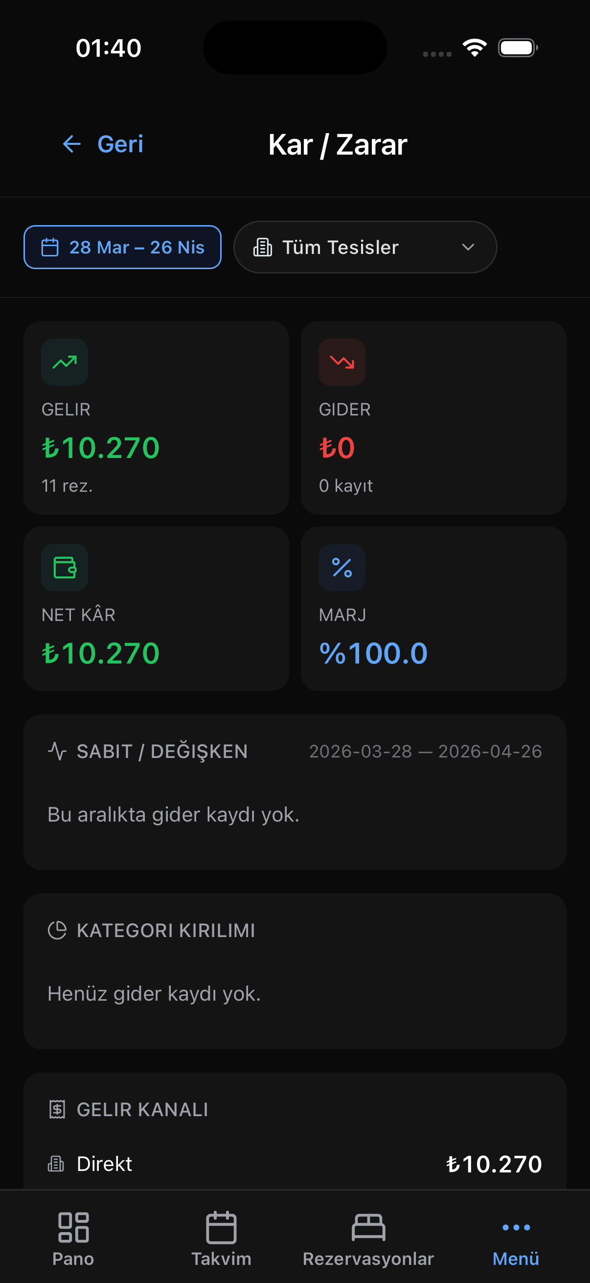 Kuvve.app mobil uygulama Kar / Zarar ekranı
