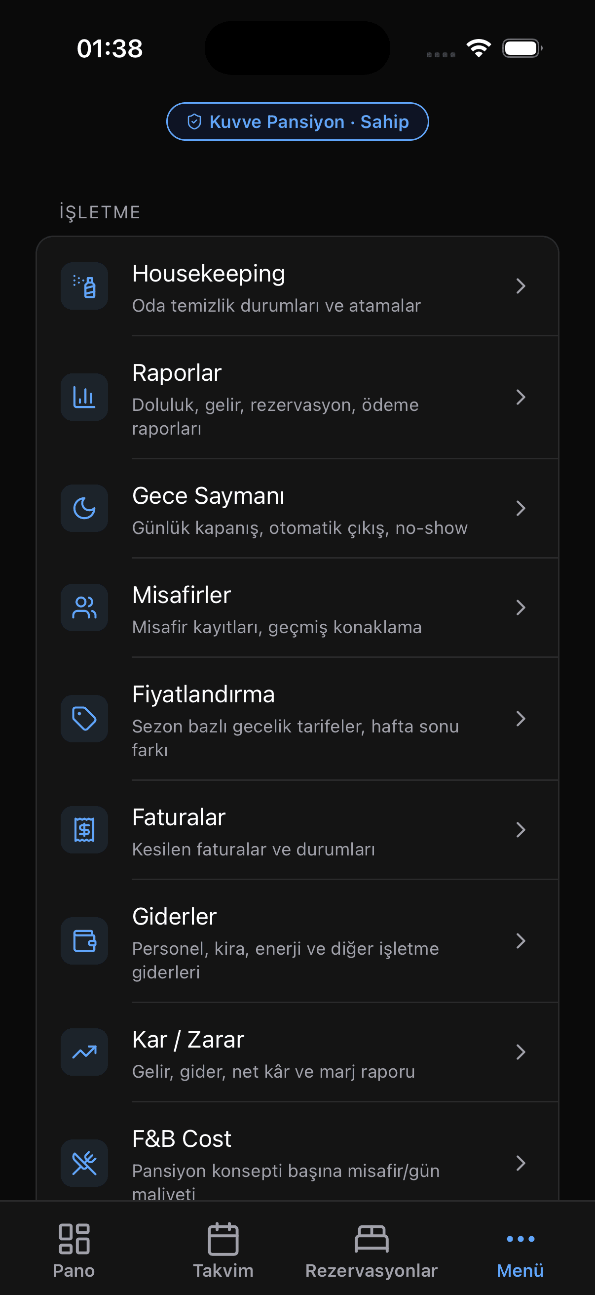 Kuvve.app mobil uygulama Menü ekranı