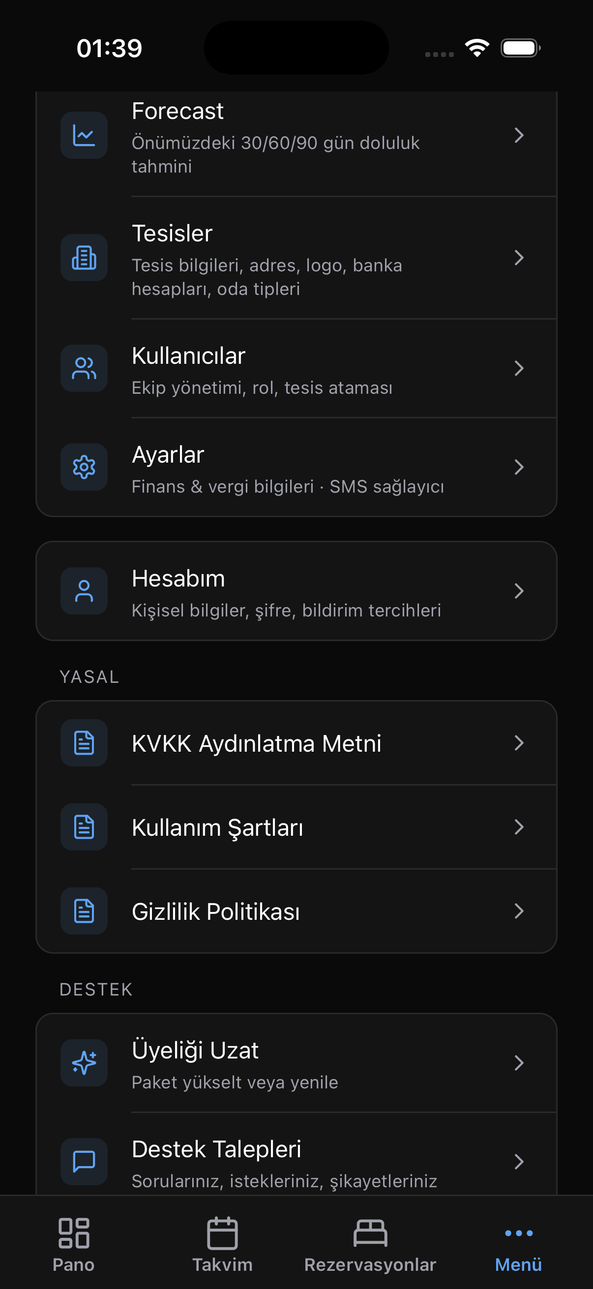 Kuvve.app mobil uygulama Yönetim ekranı