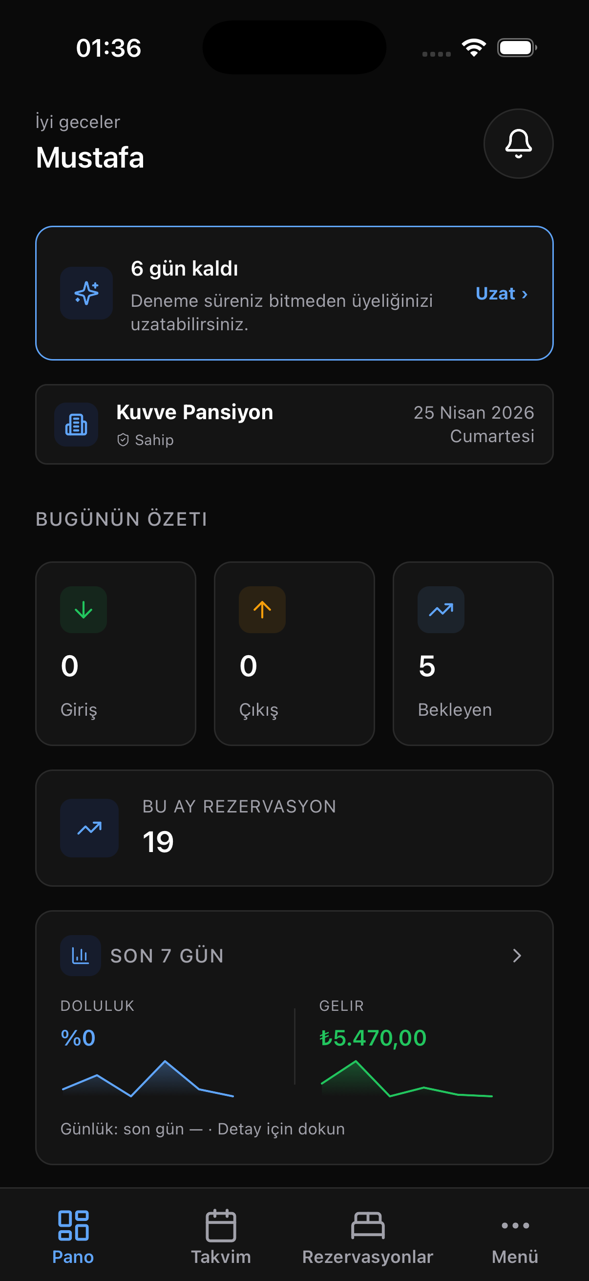 Kuvve.app mobil uygulama Pano ekranı