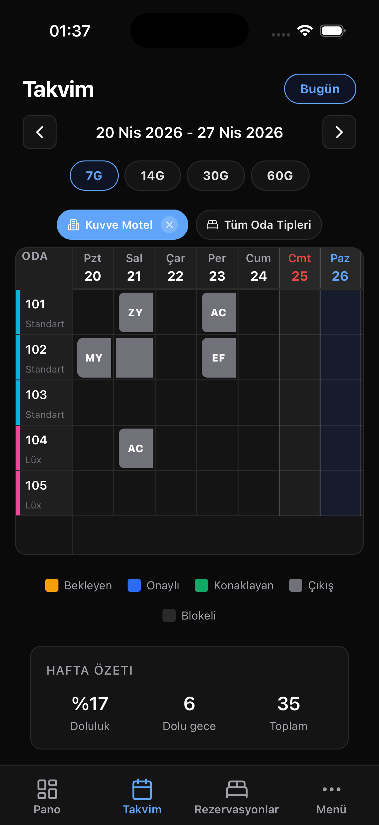 Kuvve.app mobil uygulama Takvim ekranı
