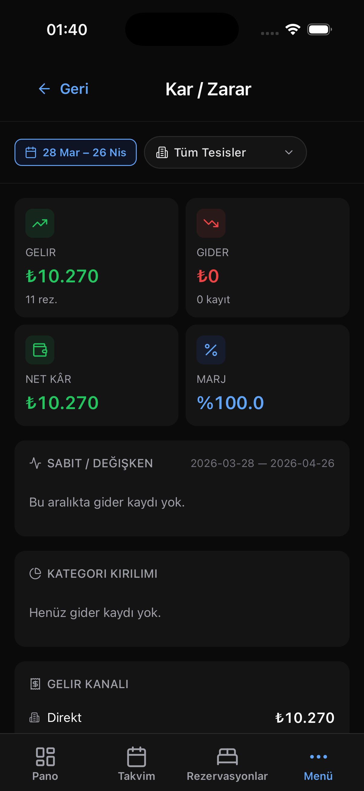 Kuvve.app mobil uygulama Kar / Zarar ekranı