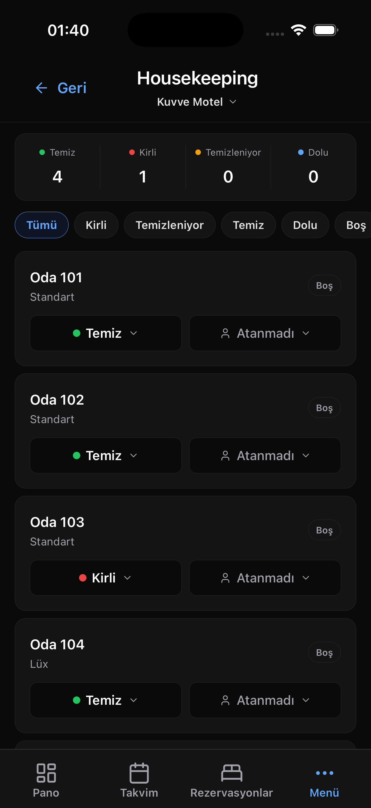 Kuvve.app mobil uygulama Housekeeping ekranı