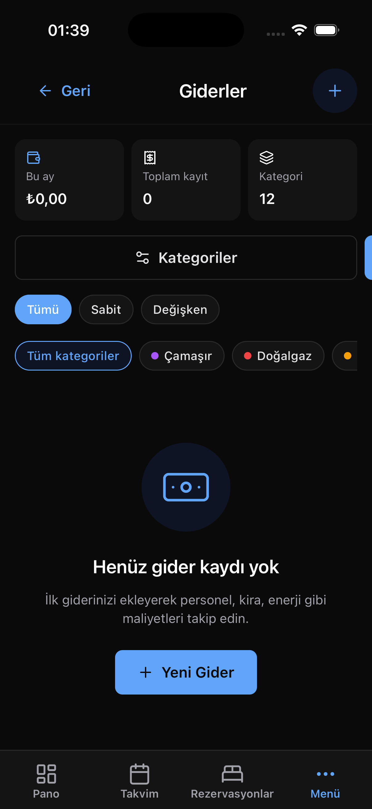 Kuvve.app mobil uygulama Giderler ekranı