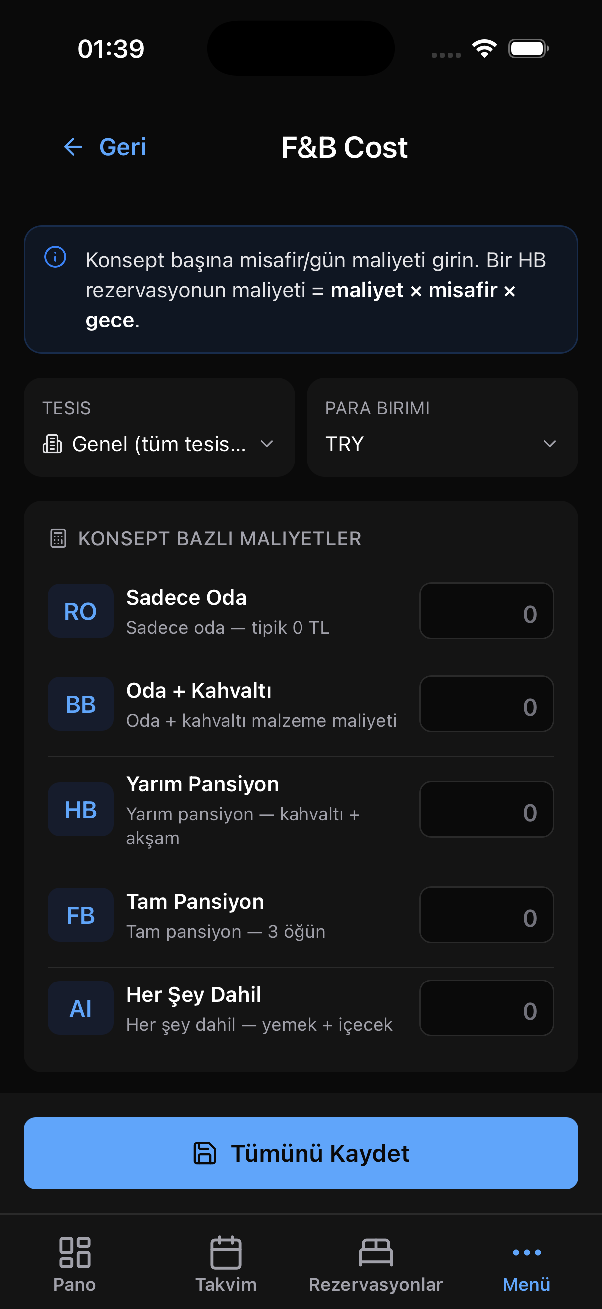 Kuvve.app mobil uygulama F&B Cost ekranı