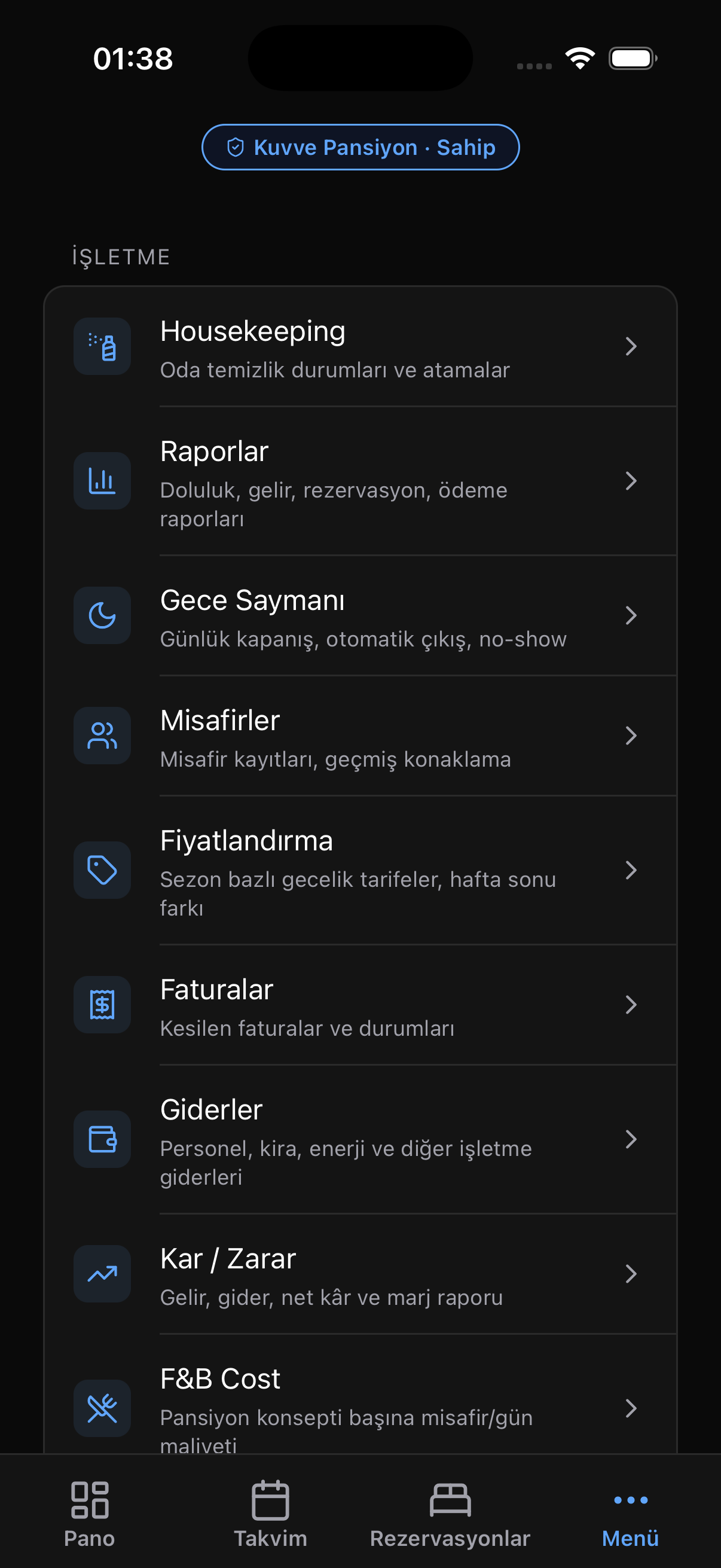 Kuvve.app mobil uygulama Menü ekranı