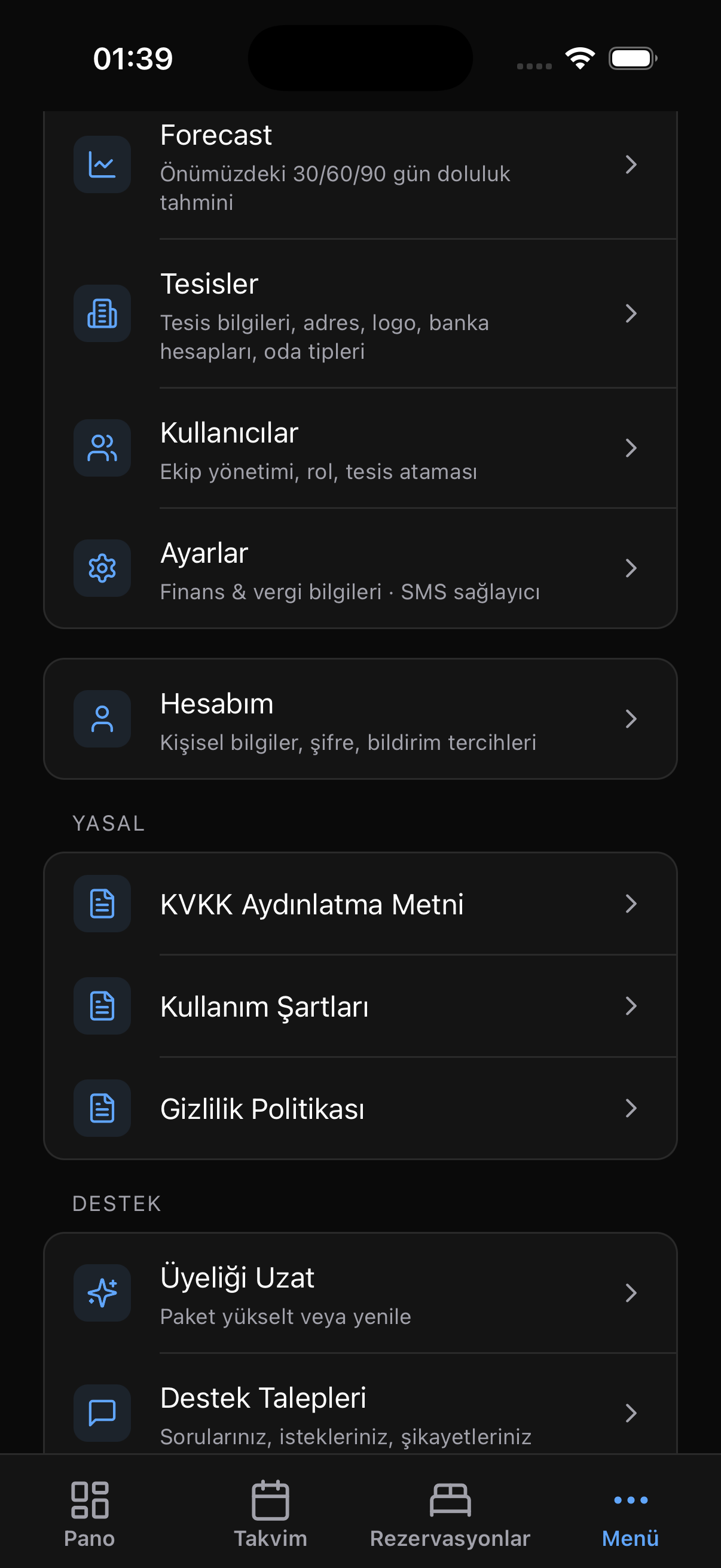 Kuvve.app mobil uygulama Yönetim ekranı
